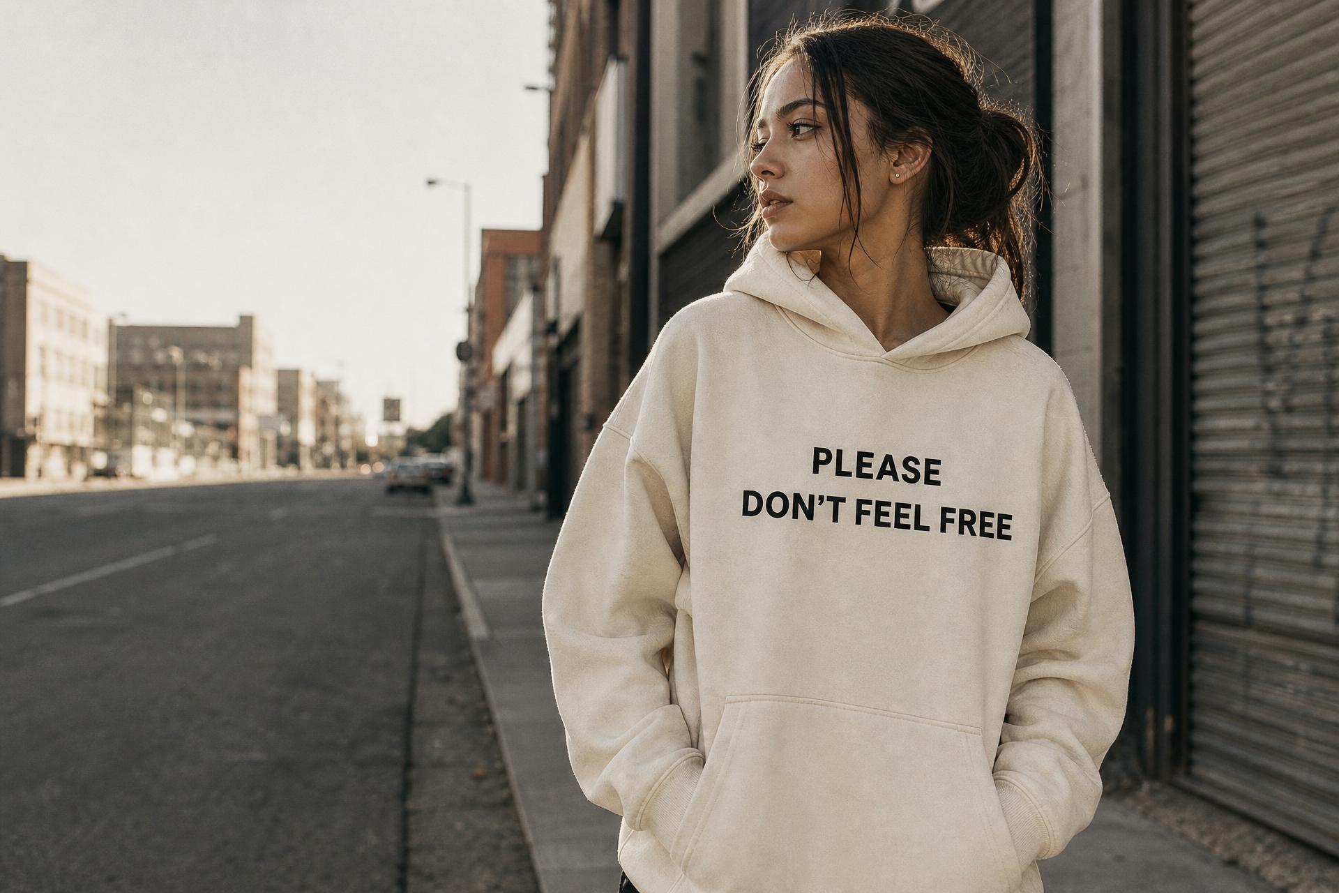 Model wearing the bone Please Don’t Feel Free hoodie on a city street